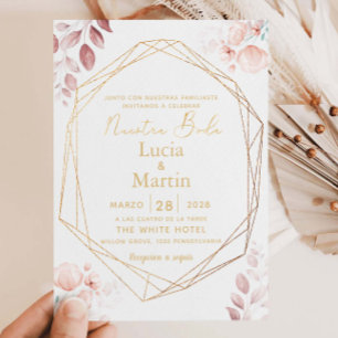 Blush Pink Floral Blätter Gold Nuestra Boda Einladung