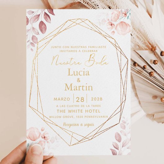 Blush Pink Floral Blätter Gold Nuestra Boda Einladung