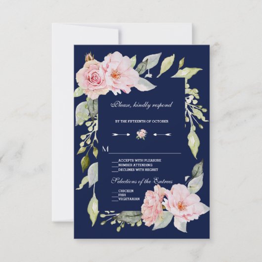 Blush Pink Floral Bloom Navy Blue Wedding RSVP Karte (Vorderseite)