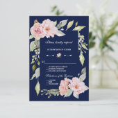 Blush Pink Floral Bloom Navy Blue Wedding RSVP Karte (Stehend Vorderseite)