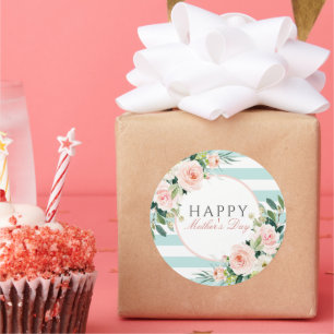 Blush Pink Floral Blue Streifen Muttertag Runder Aufkleber