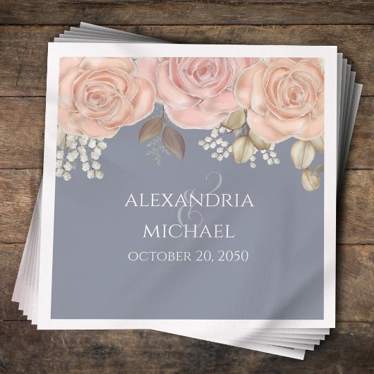 Blush Pink Floral Blue Wedding Custom Serviette
