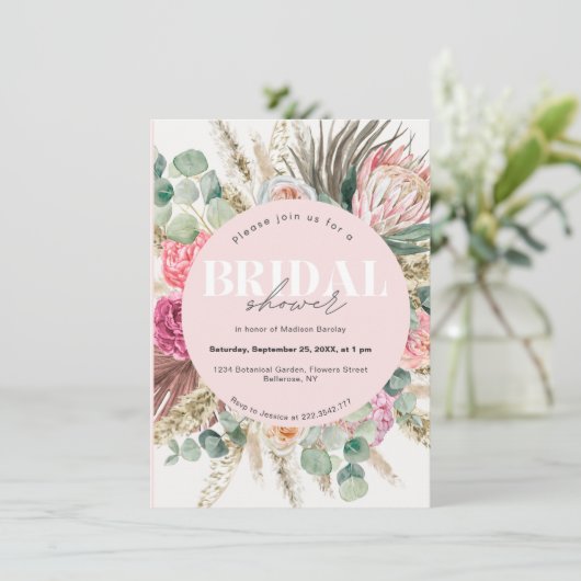 Blush Pink Floral Bohemian Bridal Shower Einladung (Stehend Vorderseite)
