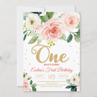 Blush pink floral boho Ein Mädchen zum ersten Gebu Einladung