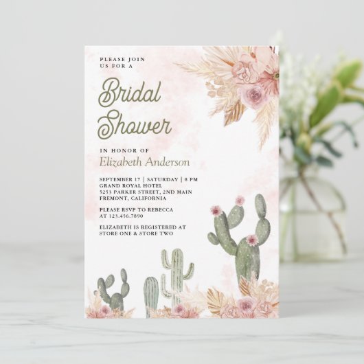 Blush Pink Floral Boho Pampas Cactus Brautparty Einladung (Stehend Vorderseite)