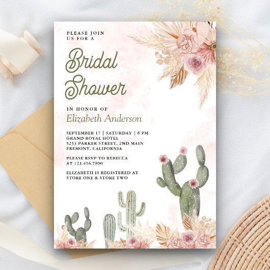 Blush Pink Floral Boho Pampas Cactus Brautparty Einladung