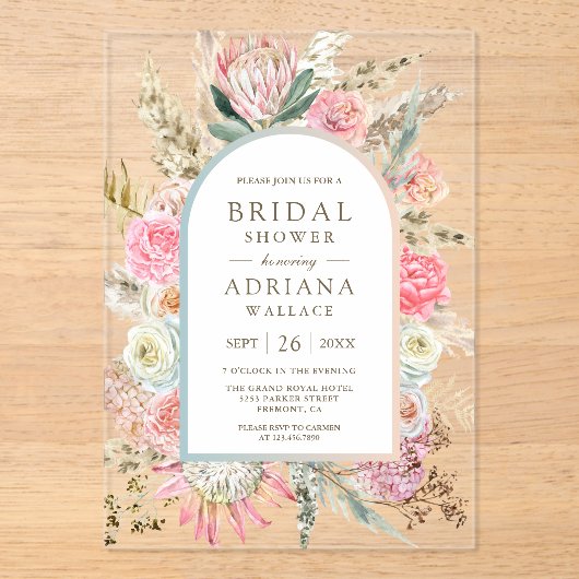 Blush Pink Floral Boho Pampas Grass Bridal Shower Acryleinladungen (Vorderseite)