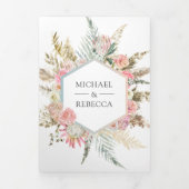 Blush Pink Floral Boho Pampas Grass Foto Hochzeit Dreifach Gefaltete Einladung (Cover)