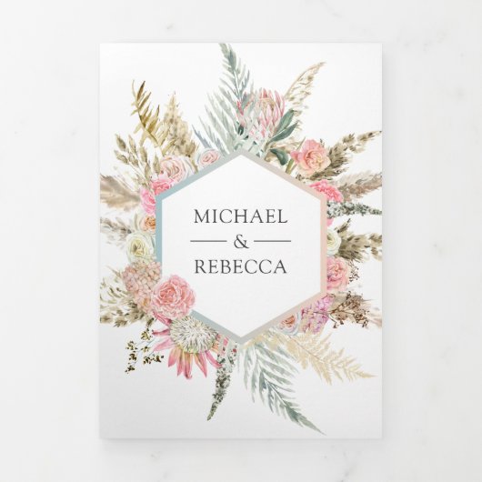 Blush Pink Floral Boho Pampas Grass Foto Hochzeit Dreifach Gefaltete Einladung (Cover)