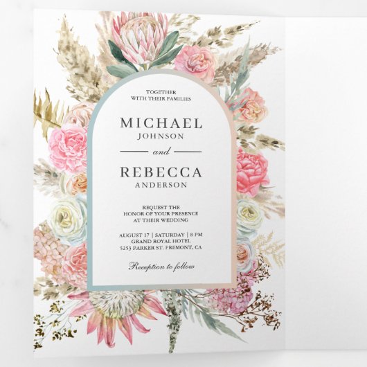 Blush Pink Floral Boho Pampas Grass Foto Hochzeit Dreifach Gefaltete Einladung (Innen Erste Seite)