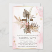 Blush Pink Floral Boho Pampas Wood Cross Taufe Einladung (Vorderseite)
