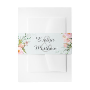 Blush Pink Floral Bouquet Blue Wedding Einladungsbanderole