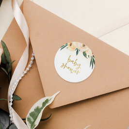 Blush Pink Floral Bouquet Gold Script Baby Dusche Runder Aufkleber