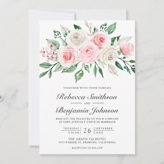 Blush Pink Floral Bouquet QR Code Hochzeit Einladung (Vorderseite)