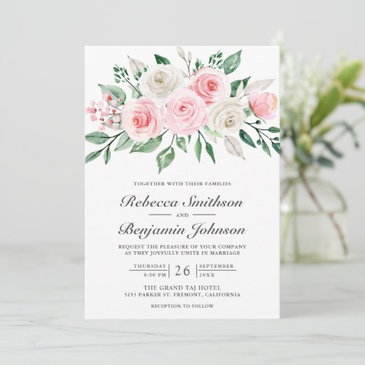 Blush Pink Floral Bouquet QR Code Hochzeit Einladung (Stehend Vorderseite)