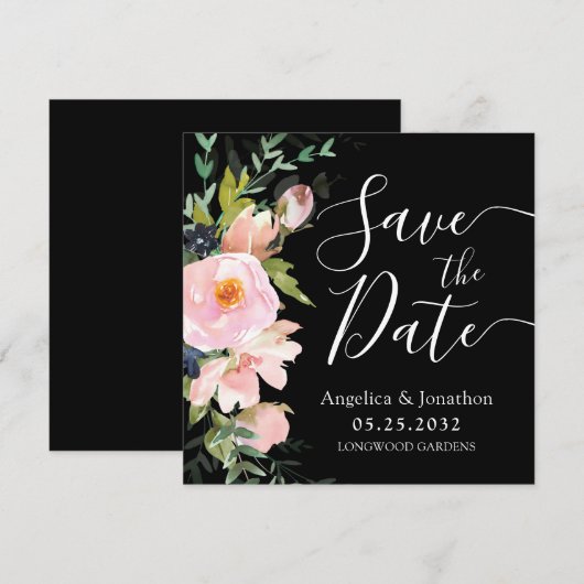 Blush Pink Floral Bouquet Save the Date schwarz (Vorne/Hinten)