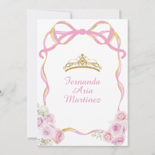 Blush Pink Floral Bow Ribbon Gold Crown Mis Quince Einladung (Rückseite)
