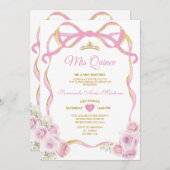 Blush Pink Floral Bow Ribbon Gold Crown Mis Quince Einladung (Vorne/Hinten)