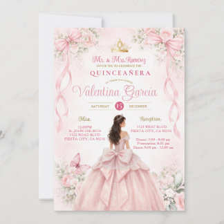 Blush Pink Floral Bow Ribbon Quinceañera Einladung