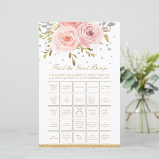 Blush Pink Floral Bridal Finden Sie das Bingo Game (Stehend Vorderseite)
