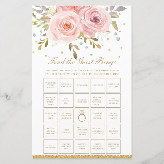 Blush Pink Floral Bridal Finden Sie das Bingo Game (Vorderseite)