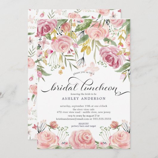 Blush Pink Floral Bridal Luncheon Einladung (Vorne/Hinten)