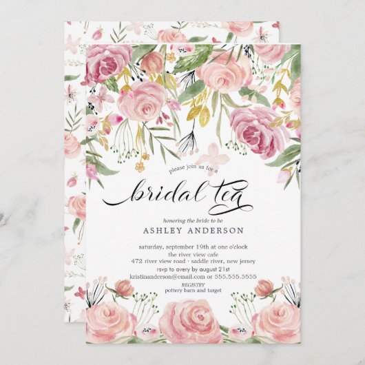 Blush Pink Floral Bridal Tee Einladung (Vorne/Hinten)