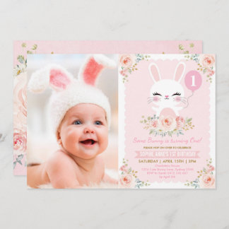 Blush Pink Floral Bunny Rabbit 1. Geburtstag Party Einladung