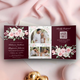 Blush Pink Floral Burgund QR Code Hochzeit Dreifach Gefaltete Einladung