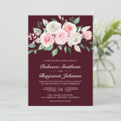 Blush Pink Floral Burgund QR Code Hochzeit Einladung (Stehend Vorderseite)
