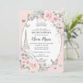 Blush Pink Floral Butterfells Paris Quinceañera Einladung (Stehend Vorderseite)