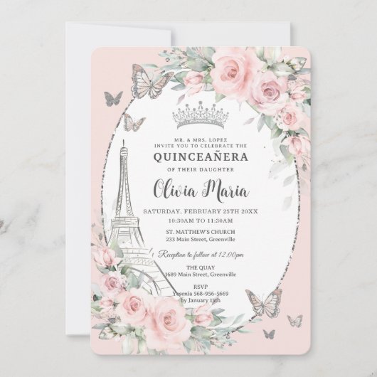 Blush Pink Floral Butterfells Paris Quinceañera Einladung (Vorderseite)