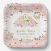 Blush Pink Floral Butterfells Tiara QUINCEAÑERA P Pappteller (Vorderseite)