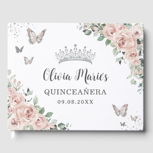 Blush Pink Floral Butterfliegen Silver Quinceañera Gästebuch (Vorderseite)