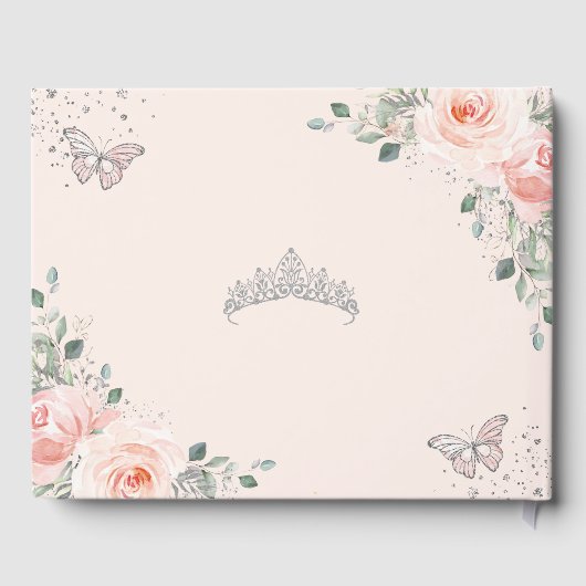 Blush Pink Floral Butterfliegen Silver Quinceañera Gästebuch (Rückseite)