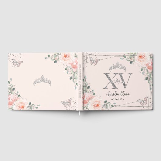 Blush Pink Floral Butterfliegen Silver Quinceañera Gästebuch (Voll)