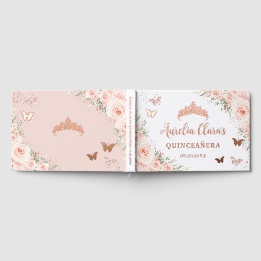Blush Pink Floral Butterflies Quince XV Rose Gold Gästebuch (Voll)