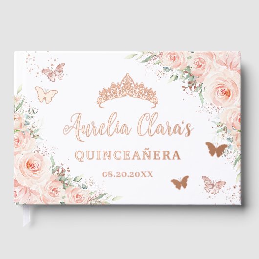 Blush Pink Floral Butterflies Quince XV Rose Gold Gästebuch (Vorderseite)
