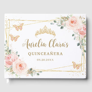 Blush Pink Floral Butterflis Gold Quinceanera Gästebuch