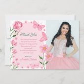 Blush Pink Floral Butterfly Foto Quinceañera Dankeskarte (Vorderseite)