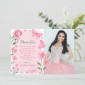 Blush Pink Floral Butterfly Foto Quinceañera Dankeskarte (Stehend Vorderseite)