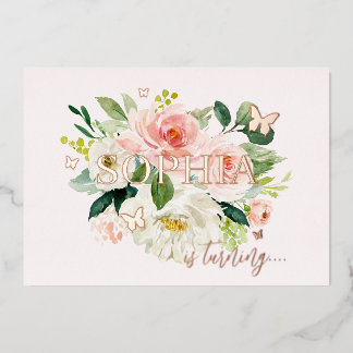 Blush Pink Floral Butterfly Girl 1. Geburtstag Folieneinladung