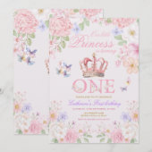  Blush Pink Floral Butterfly Princess 1st Birthday Einladung (Vorne/Hinten)