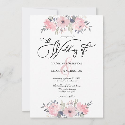 Blush Pink Floral Calligraphy Wedding Einladung (Vorderseite)