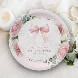 Blush Pink Floral Coquette Bow Baby Dusche Pappteller