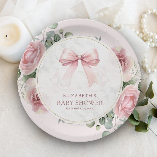 Blush Pink Floral Coquette Bow Baby Dusche Pappteller