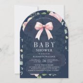 Blush Pink Floral Coquette Bow Navy Baby Dusche Einladung (Vorderseite)