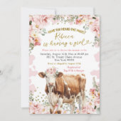 Blush Pink Floral Cow Farm Girl Babydusche Einladung (Vorderseite)