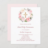 Blush pink floral cross First Communion invitation (Vorne/Hinten)