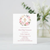 Blush pink floral cross First Communion invitation (Stehend Vorderseite)